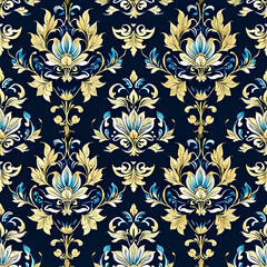 A seamless pattern featuring traditional Thai silk motifs, intricately designed with a harmonious blend of gold and blue hues against a deep navy background. 