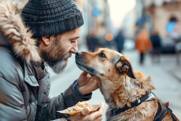 A heartwarming scene of a man offering food to a friendly dog on a city street, showcasing companionship and sharing