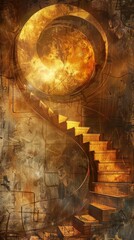 A digital illustration of a golden spiral staircase leading up to a glowing portal in a steampunk setting.