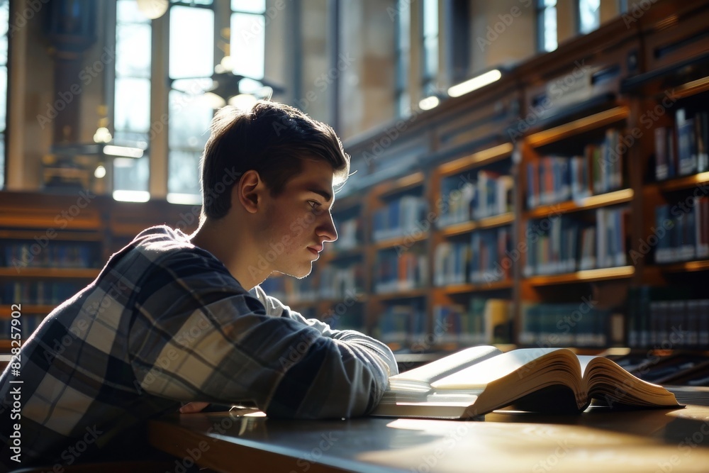 Poster a young student reads a book in a library with sunlight streaming through windows
