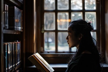 Fototapeta premium In a dimly lit library, a woman is silhouetted against a window while reading a book