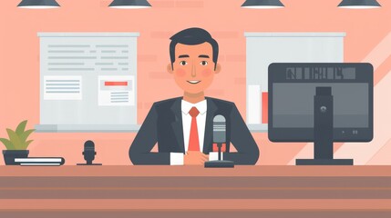 A flat design news anchor character depicted sitting at a desk with a microphone, delivering breaking news to viewers. The scene conveys the sense of authority and professionalism associated with