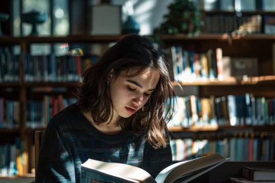 A young woman deeply focused on reading a book in a cozy library with sunlight filtering in