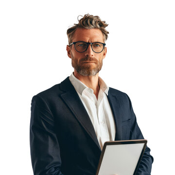 visionary technical director standing with a tablet and wearing elegant business clothes on a white background.
