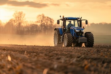 Obraz premium A modern tractor at work, plowing the fields during sunset, creating a dynamic rural scene