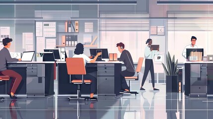 A 2D flat style illustration of a newsroom scene, with journalists working diligently on stories and articles at their desks. The minimalist background conveys the sense of focus and dedication