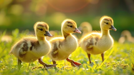 Obraz premium Ducklings gleaming in sunlight on grass