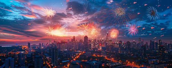 Fototapeta premium Magnificent aerial view of a high-resolution fireworks spectacle lighting up the night sky above a city skyline adorned with American flags, marking July 4th with grandeur