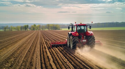 Fototapeta premium Modern tractor working on a vast agricultural field
