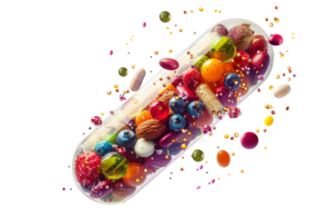 nutritional supplement capsule filled with fruits, vegetables, nuts and beans, on a crisp white background.