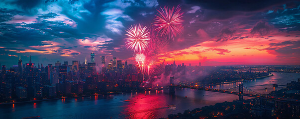 Magnificent aerial view of a high-resolution fireworks spectacle lighting up the night sky above a city skyline adorned with American flags, marking July 4th with grandeur