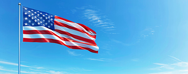  Detailed close-up of a high-resolution USA flag waving proudly against a clear blue sky.