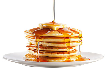 stack of fluffy pancakes with syrup and butter flying into a plate in mid-air.