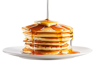 stack of fluffy pancakes with syrup and butter flying into a plate in mid-air.