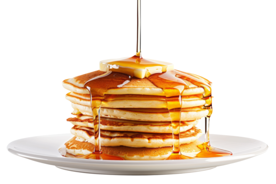 stack of fluffy pancakes with syrup and butter flying into a plate in mid-air.
