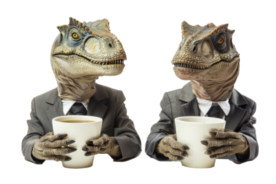 Two dinosaurs in business suits drink coffee on a white background