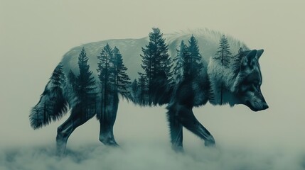 Double exposure of a wolfs silhouette intertwined with a dense forest, capturing the wild spirit and natural habitat