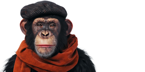 A chic chimpanzee wearing a stylish beret and scarf, posing confidently against a pristine white backdrop.