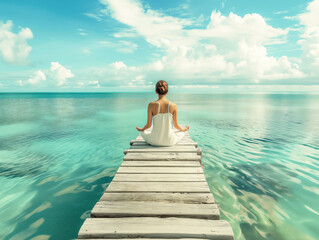 A woman meditating at the end of a wooden pier overlooking a calm turquoise sea, with a serene sky background, conveying a concept of peace and mindfulness. Generative AI