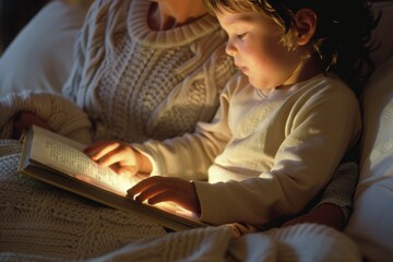 Child reading under the soft glow of a lamp, with blanket and teddy bear, evoking a sense of cozy bedtime imagination