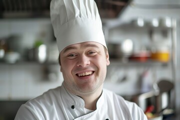 An engaging image of a happy, young male chef in his kitchen uniform, standing casually in a well-equipped kitchen