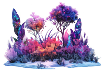 A forest landscape with glowing, neon-lit trees and plants, set against a white background.