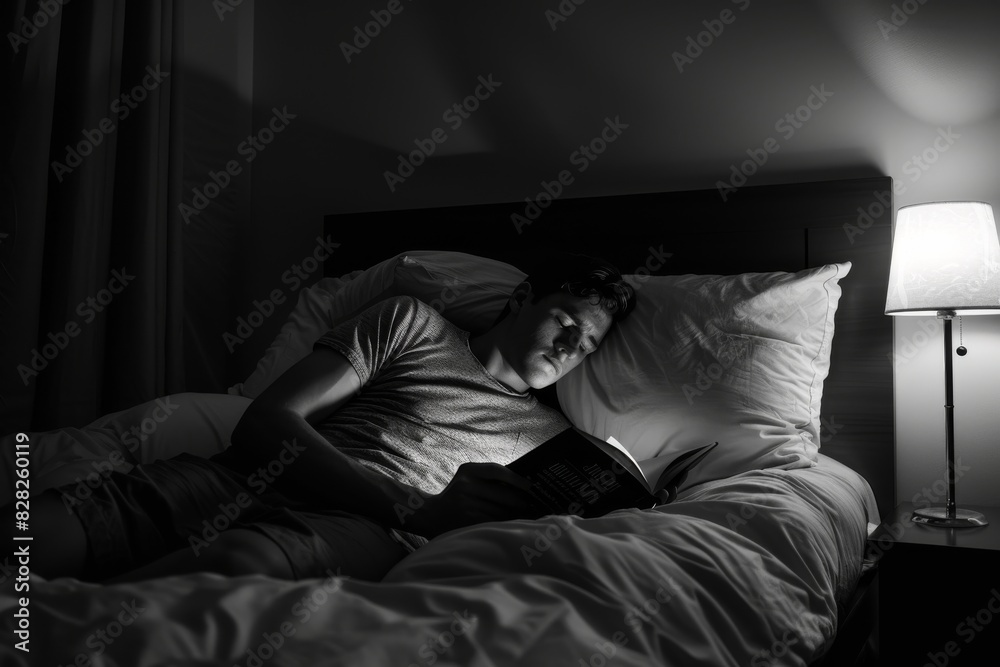 Poster a person is reading a book in bed by lamp light, creating a tranquil bedtime atmosphere