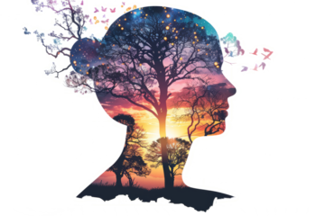 A human silhouette merging with a landscape, outlined by LED lights, showcasing the integration of human life with nature.