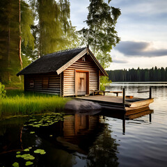 Obraz premium Traditional wooden hut on the lake and pier with fishing boat