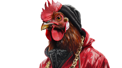 A swaggering rooster in a red tracksuit and black beanie, gold chain dangling, challenging stare