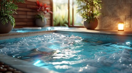 Capture the serene beauty of hydrotherapy with a digitally rendered 3D relaxation pool from a dynamic tilted angle, showcasing the tranquil water and intricate spa details