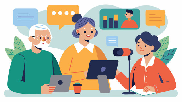 A workshop session dedicated to capturing the oral histories of seniors giving them a platform to share their wisdom and memories with others in their own words.. Vector illustration