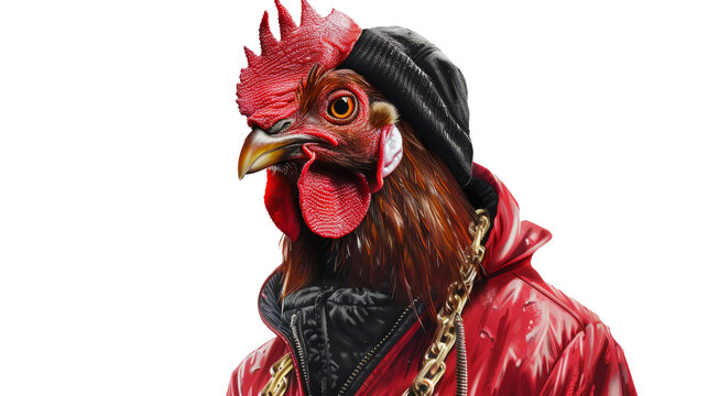A swaggering rooster in a red tracksuit and black beanie, gold chain dangling, challenging stare