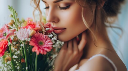 Fototapeta premium Beautiful woman wearing a new outfit in a close-up wedding shot.