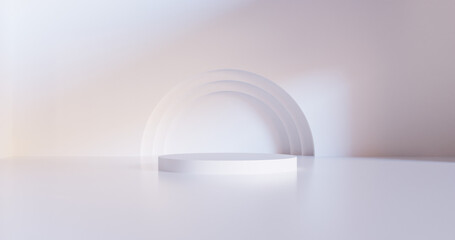 Empty white podium pedestal for product presentation in bright room