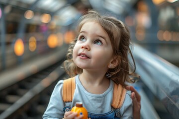 A young girl with blue eyes gazes upward in amazement holding a yellow toy in an urban setting