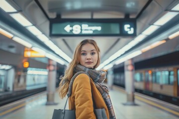 Young woman standing at a contemporary train station platform looking confident