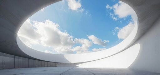 3d render of abstract futuristic background with blue sky, white round concrete arch and water surface. Scene for product presentation. 