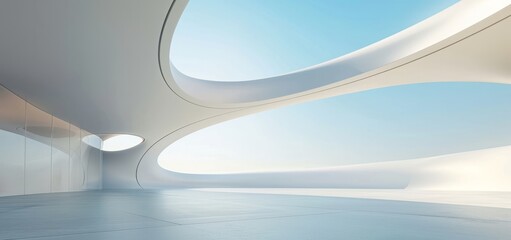 3d render of abstract futuristic background with blue sky, white round concrete arch and water surface. Scene for product presentation. 