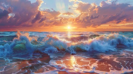 Naklejka premium Create a captivating seascape with a worms-eye view, showcasing majestic waves crashing onto golden sandy beaches under a vibrant sunset sky