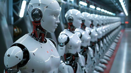 Fototapeta premium Cybernetic robots in a high-tech manufacturing environment, performing precise tasks