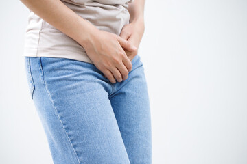 Woman having a stomachache, or menstruation pain. suffering from abdominal. Menstrual cramps. Healthcare and medical, gynecology concept.