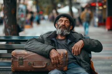 An old man with a beard resting with his head back and holding a suitcase on a city bench