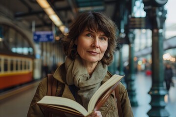 A woman in autumn attire absorbed in a book while waiting at a historical train station platform