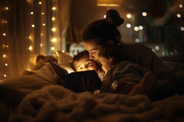 A person is reading a book in a cozy environment surrounded by fairy lights and comfortable blankets