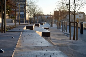 A modern urban park setting with frosted benches and bare trees on a sunny day