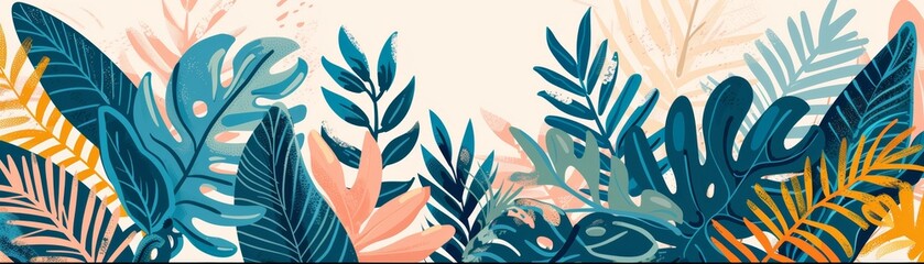 Fototapeta premium Colorful tropical leaves pattern on a light background, perfect for floral themes, nature art, and summer designs.