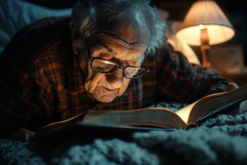 An aged reader is depicted perusing a book with the help of a lamp, indicating a peaceful evening activity