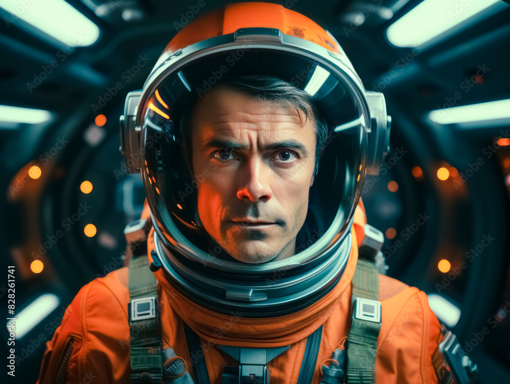Poster close-up of an astronaut with a serious expression, wearing a helmet and suit, in a spacecraft inter