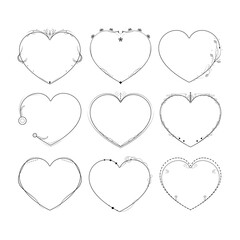 Set Abstract Collection Hand Drawn Frame Heart With Plants Doodle 14 February Holiday Concept Vector Design Outline Style On White Background Isolated Letter, Message, Mail, Cards, Posters